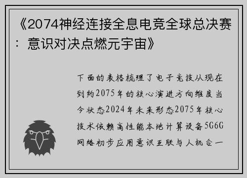 《2074神经连接全息电竞全球总决赛：意识对决点燃元宇宙》
